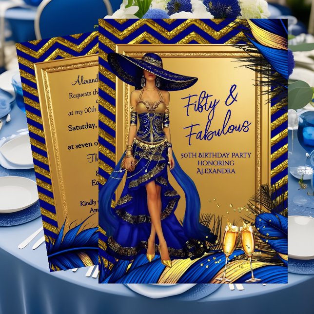 Convites Fabulous Birthday Glamor Woman Blue Gold Feathers (Criador carregado)
