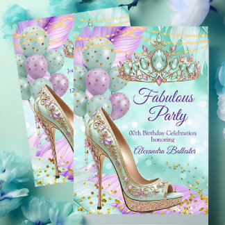 Convites Fabulous birthday Lilac Teal Tiara Gold Heel