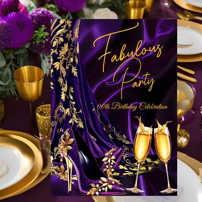 Convites Fabulous Birthday Purple Gold Heels Champagne (Criador carregado)