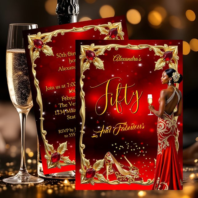 Convites Fabulous Birthday Red Dress Gold High Heels Ethnic (Criador carregado)