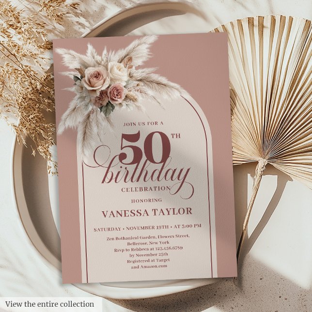 Convites Fabulous Boho Dusty Pink Pampas Floral 50 Birthday (Fabulous Boho Dusty Pink Pampas Floral 50th Birthday)