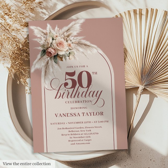 Convites Fabulous Boho Dusty Pink Pampas Floral Fifty 50th (Fabulous Boho Dusty Pink Pampas Floral Fifty Birthday)