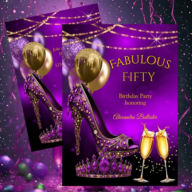 Convites Fabulous Champagne birthday party Purple Gold Heel (Criador carregado)