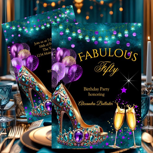 Convites Fabulous Champagne birthday Purple Teal Gold Heel (Criador carregado)