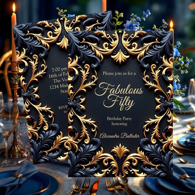 Convites Fabulous Elegant Birthday Party Gold Blue Black (Criador carregado)