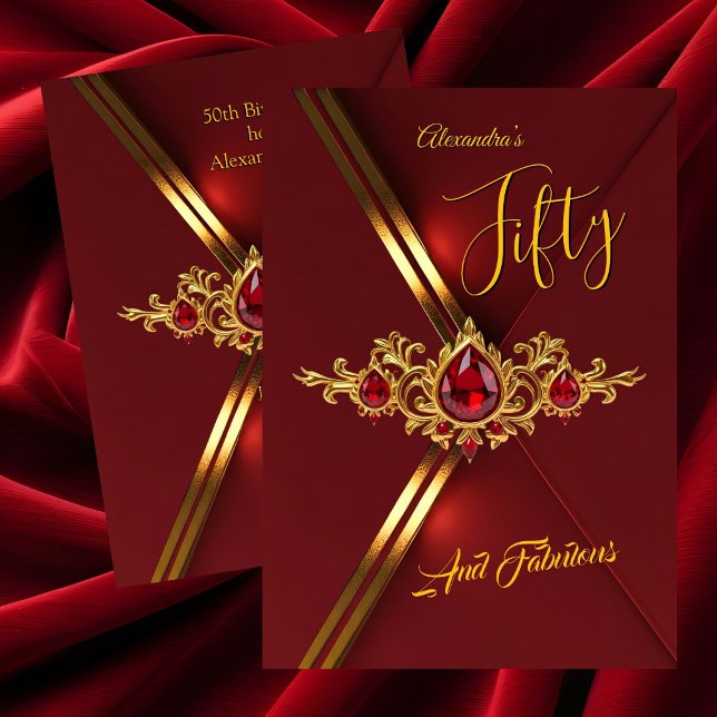 Convites Fabulous Fifty Birthday Party Red Gold Gems (Criador carregado)