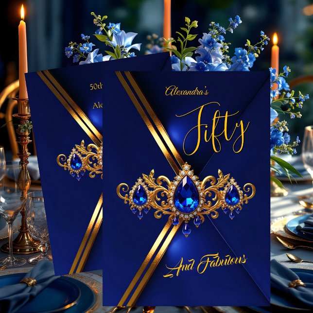 Convites Fabulous Fifty Birthday Royal Blue Gold Gems (Criador carregado)