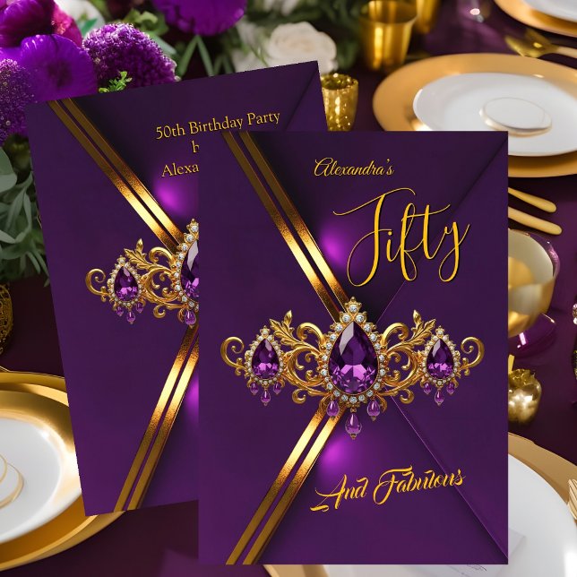 Convites Fabulous Fifty Birthday Royal Purple Gold Gems (Criador carregado)