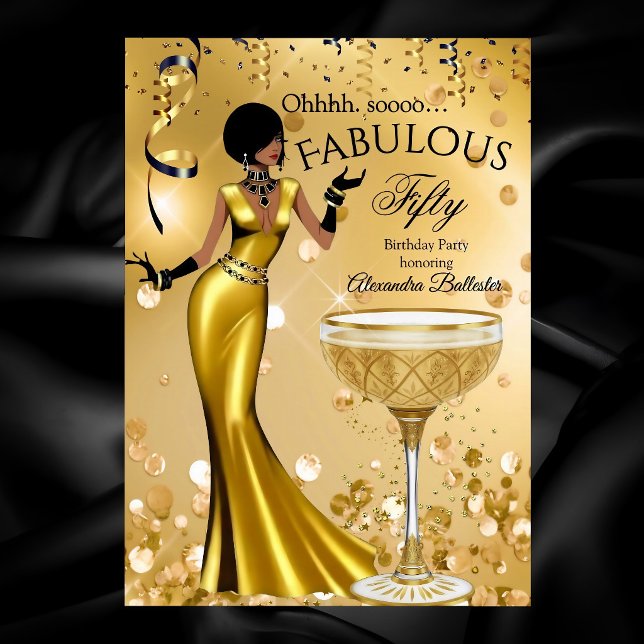 Convites Fabulous Fifty Gold Black Champagne Birthday Party (Criador carregado)