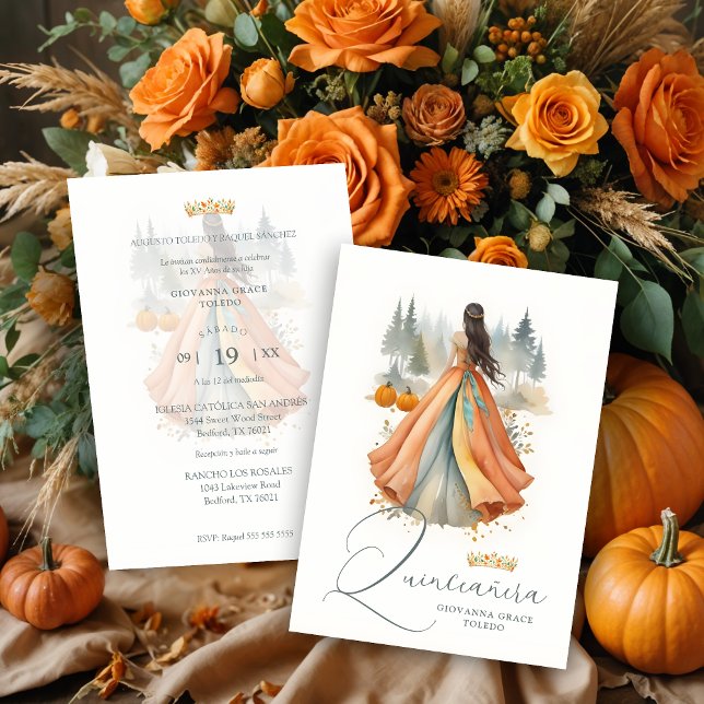 Convites Fabulous Seasonal Fall Landscape Spanish XV Años (Fabulous Seasonal Fall Landscape Spanish XV Años Quinceañera Doll Illustration Invitations Cards.)