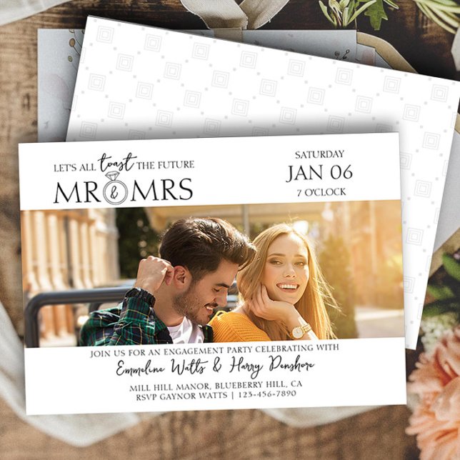 Convites Façam um brinde ao Futuro, Sr. e Sra. Noivado. (Engagement Photo Invitation from the Engagement Party Invitations collection by Darling & May)
