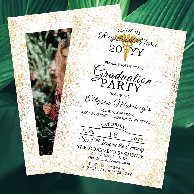 Convites Faculdade de Enfermagem de Fotografias Douradas |  (Faux Gold Flecks Photo Nursing School | Medical Graduation Party Invitation - Print | Digital)