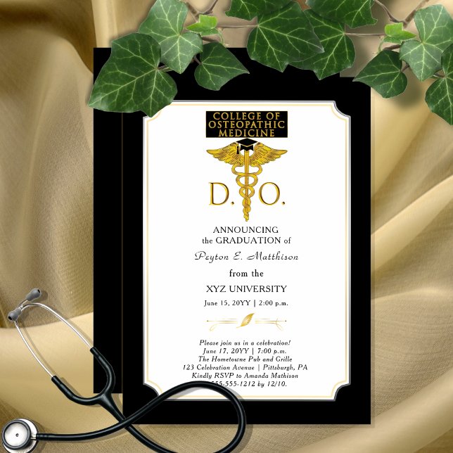 Convites Faculdade de Medicina Osteopática DO Formando Médi (Elegant College of Osteopathic Medicine "D.O." Physician Graduation Invitation - Print | Download)