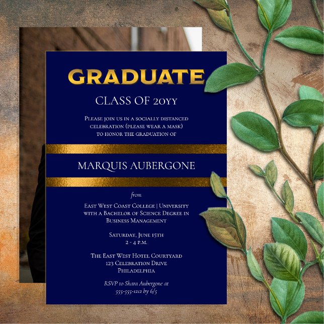 Convites Faculdade Sleek | Azul Univ | FESTA DE FORMATURA D (Sleek College or University Blue | Gold Tone Graduation Announcement and Party Invite Print Digital)