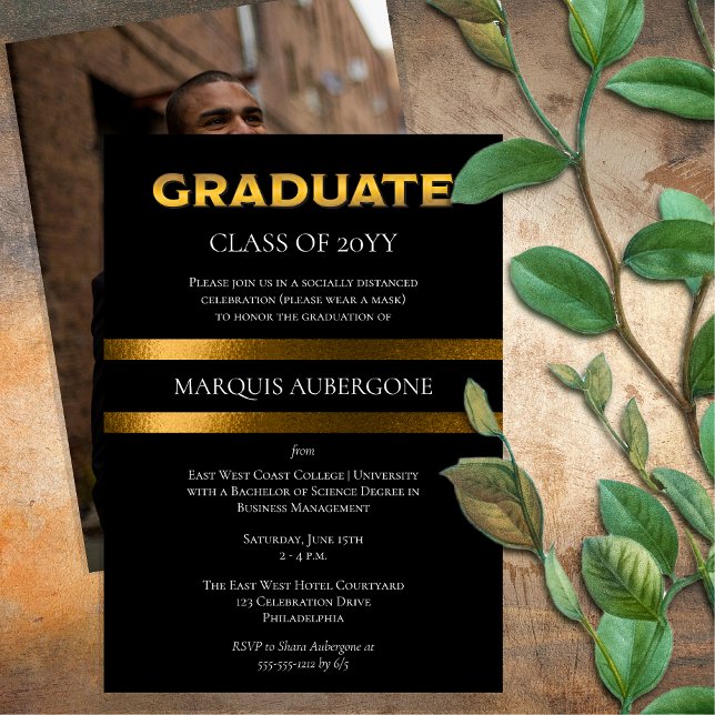 Convites Faculdade Sleek | Preto Univ | FESTA DE FORMATURA  (Sleek College or University Black and Gold Tone Graduation Party Invitation - Print | Download)