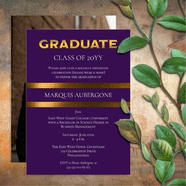 Convites Faculdade Sleek | Univ Roxo| Festa de formatura Do (Sleek College or University Purple | Gold Graduation Announcement and Party Invitation Print Digital)