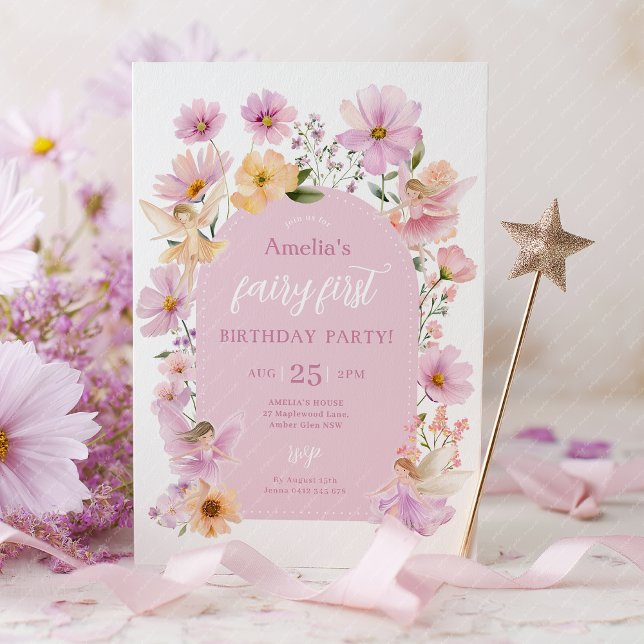 Convites Fada 1º Aniversário Festa de Fadas Rosa Menina (Fairy First Birthday Invitation Pink)