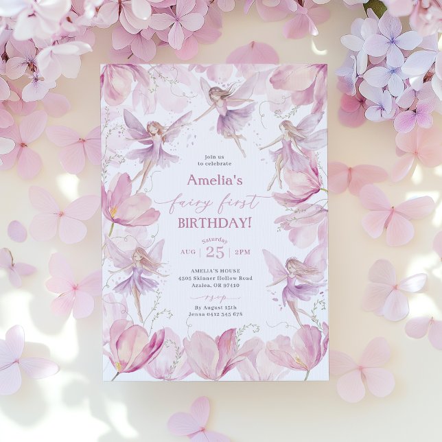Convites Fada 1º Aniversário Meninas Festa Fada Rosa Roxo (Pink and Purple Fairy First Birthday Invitation)