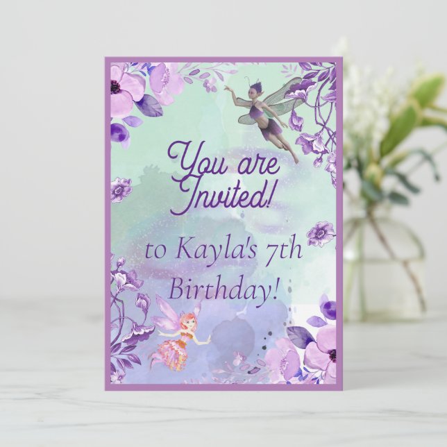 Convites Fada 7 Birthday Watercolor (Em pé/Frente)