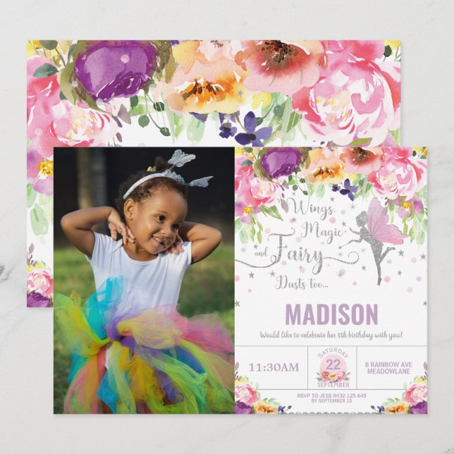 Convites Fada Aniversário Púrpura Floral Silver Fotografia  (Frente/Verso)