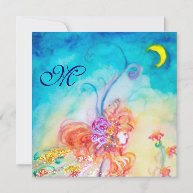 Convites FADA DAS FLORES ALTHEA Monograma Rosa Azul Brilhos (Frente)