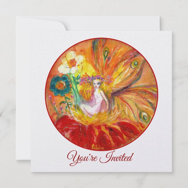 Convites FADA DAS FLORES Fantasia Vermelho Amarelo Branco F (Frente)