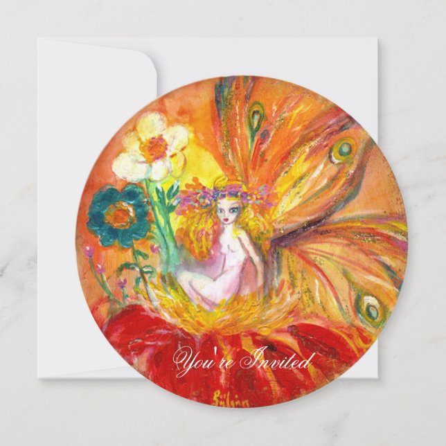 Convites FADA DAS FLORES vermelho amarelo dourado brilha (Frente)