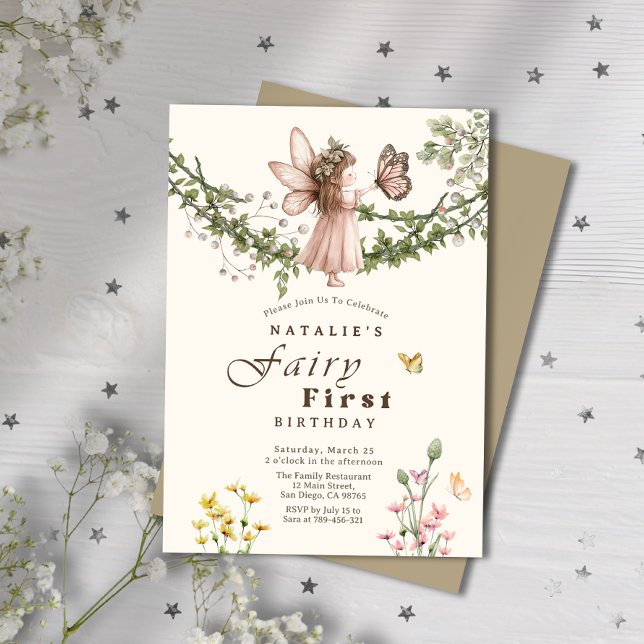 Convites Fada de Borboleta de Flor Selvagem Mágica Primeiro (Magical Wildflower Butterfly Fairy First Birthday Invitation)