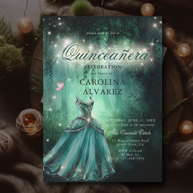 Convites Fada de Fada Encantada Princesa Quinceanera (enchanted forest quinceanera invitation fairy tale emerald princess dress butterfly sparkle glitter)