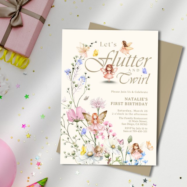Convites Fada de Flauta e Twirl (Flutter & Twirl Forest Fairy Girl's First Birthday Invitation)
