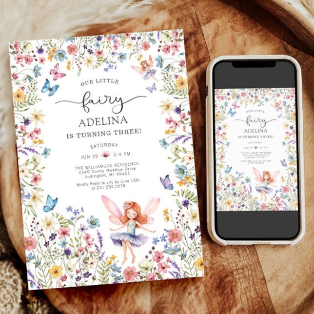 Convites Fada de Flor Selvagem aniversário de 3 anos Convit (Wildflower Fairy Butterfly 3rd Birthday Invitation)