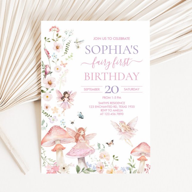 Convites Fada de Flor Selvagem Floral Primeira Festa de ani (Floral Fairy First Birthday Party Invitation)