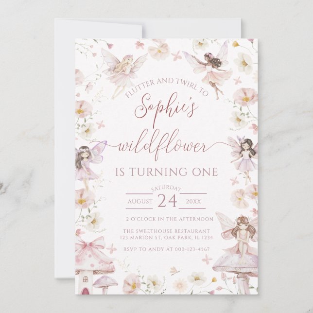 Convites Fada de Flor Selvagem - Primeiro primeiro aniversa (Frente)