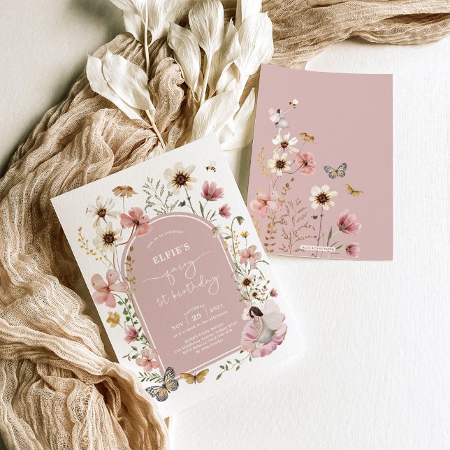 Convites Fada de Flor Selvagem Rosa Primeira Festa de Jardi (Criador carregado)