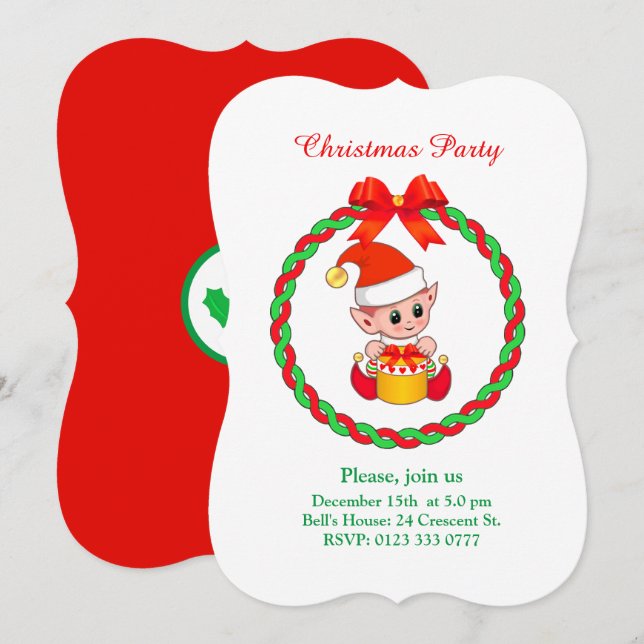 Convites Fada de Natal Fofo em Branco Verde e Vermelho (Frente/Verso)