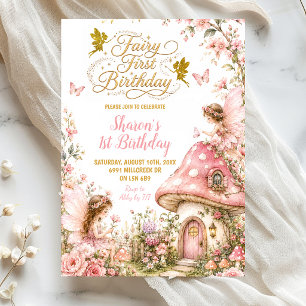 Convites Fada do Bosque Encantado Rosa Primeiro Aniversário