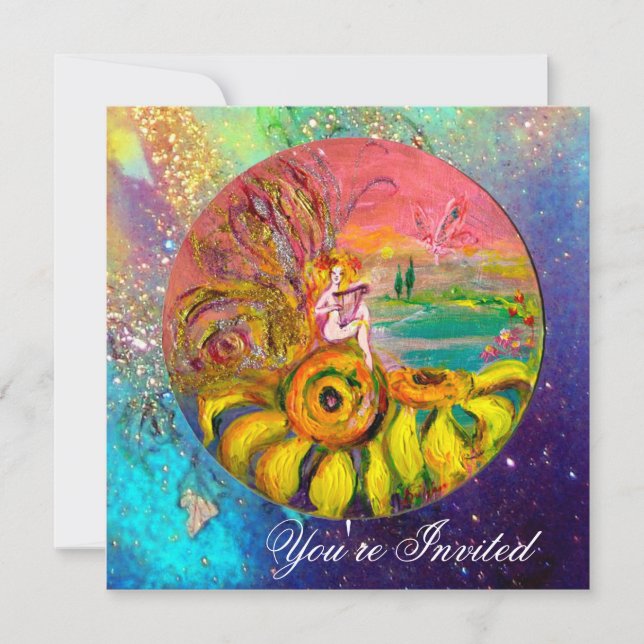 Convites FADA DOS GIRASSÓIS amarelo azul rosa brilho (Frente)