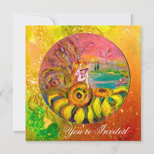 Convites FADA DOS GIRASSÓIS amarelo laranja rosa brilho (Frente)