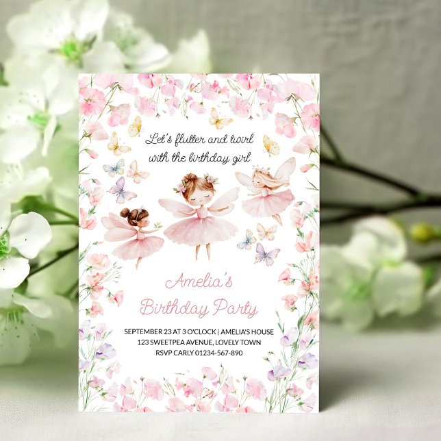 Convites Fada e Flores Aniversário de Meninas de Qualquer I (Flutter & Twirl with the Birthday Girl. Editable party invitation for any age.)