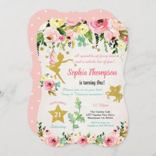 Convites Fada e Unicórnio 1rua, cor-de-rosa e ouro