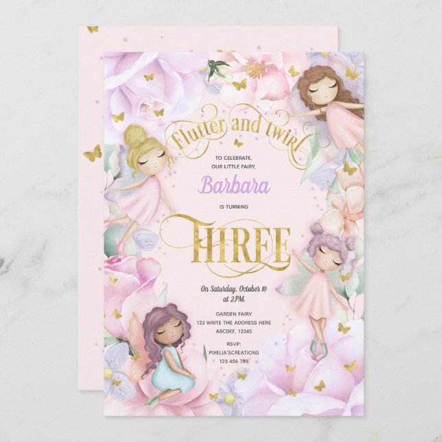 Convites Fada encantada de jardim roxo rosa, aniversário de (Frente/Verso)