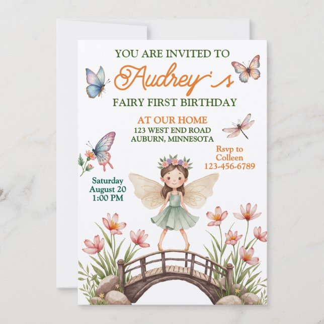 Convites Fada Fada Cura Primeiro Aniversário (Frente)