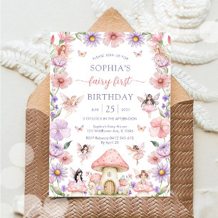 Convites Fada Floral Rosa Aniversário de 1 Ano