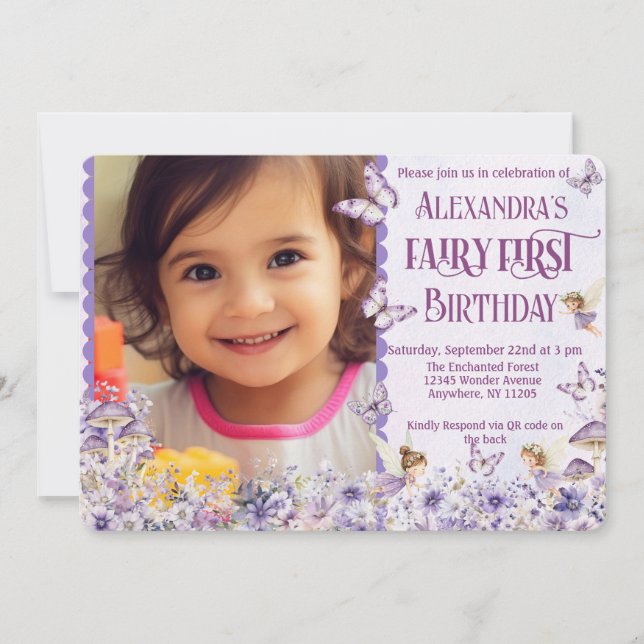 Convites Fada Floral Roxa Primeiro Código QR Foto Aniversár (Frente)