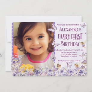 Convites Fada Floral Roxa Primeiro Código QR Foto Aniversár