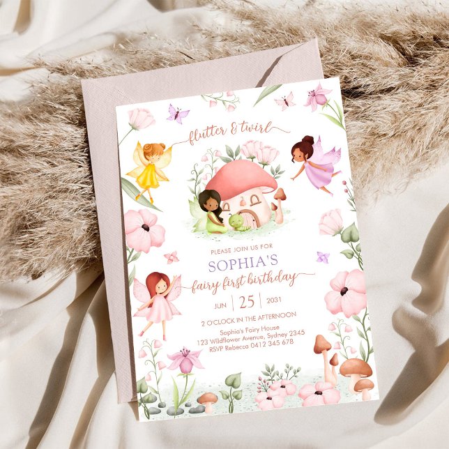 Convites Fada Flutter e Twirl Primeiro Aniversário de 1 Ano (Criador carregado)