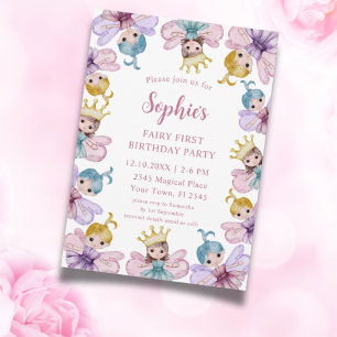 Convites Fada Fofo Primeiro Aniversário Rosa Aquarela