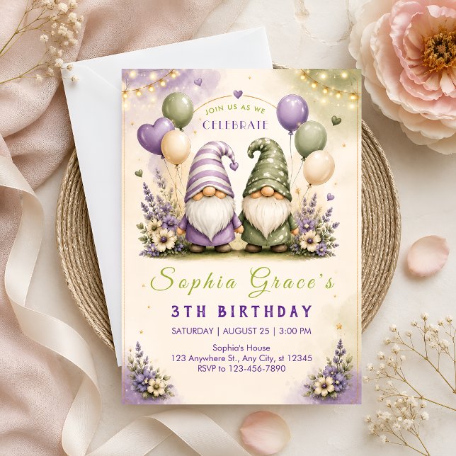 Convites Fada Jardim Gnome Aniversário de 3 anos (Criador carregado)