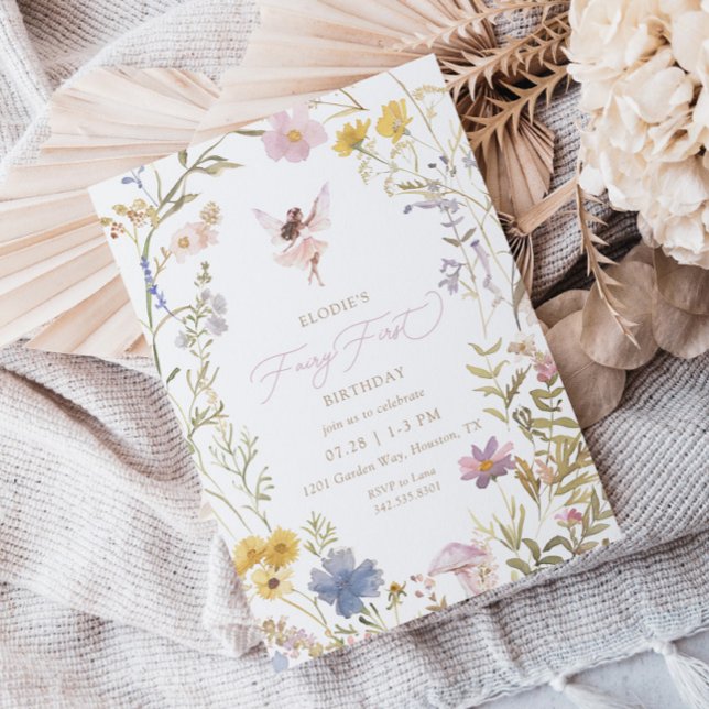 Convites Fada Primeira Aquarela primeiro aniversario Floral (Criador carregado)