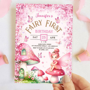 Convites Fada Primeira Garota de Aniversário 1 Floresta de